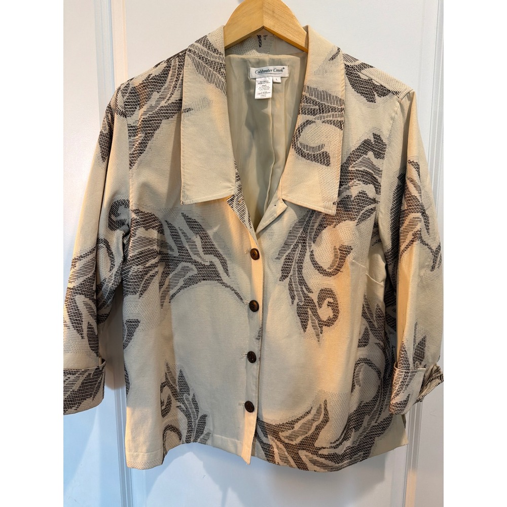 Coldwater Creek Womens Large Cream Black Leaf Print Button Front Jacket Lined